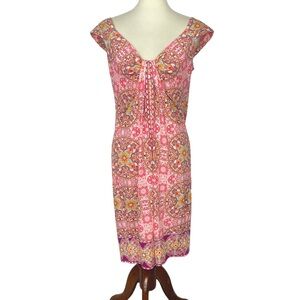 London Times Dress Womens 10 Pink Yellow Mandala Print Midi‎ V-Neck Stretch